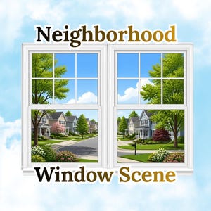 Puede incluir: Un marco de ventana blanco de doble panel que muestra una escena de vecindario suburbano con casas, árboles verdes y un cielo azul. El texto Neighborhood Window Scene está impreso en letras doradas sobre y debajo del marco de la ventana.