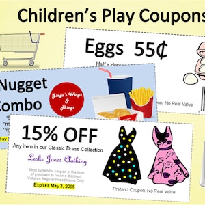 Printable~Children&#39;s Play Coupons~Toy Coupons~Pretend Store Coupons~Kids Store Coupons~Fake Store Coupons~Play Currency~Instant Download