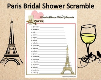 Printable Parisian Themed Bridal Shower Word Scramble~French Wedding Shower Word Game~Paris Wedding Printable Game~Paris Wedding Word Game