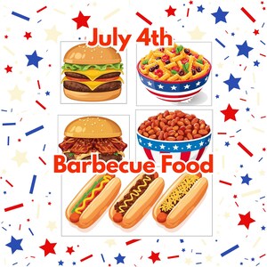 May include: A graphic illustration titled July 4th Barbecue Food featuring a double cheeseburger, a pasta salad in a star-patterned bowl, a bacon burger, a bowl of baked beans, and three hot dogs topped with mustard, chili, and shredded cheese.