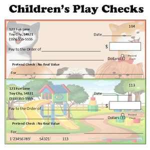 Cheques de juego para niños editables ~ Cheques de juego de simulación imprimibles ~ Cheques de juguetes ~ Cheques falsos ~ Cheques para niños ~ Cheques imprimibles ~ Cheques de juego dramático