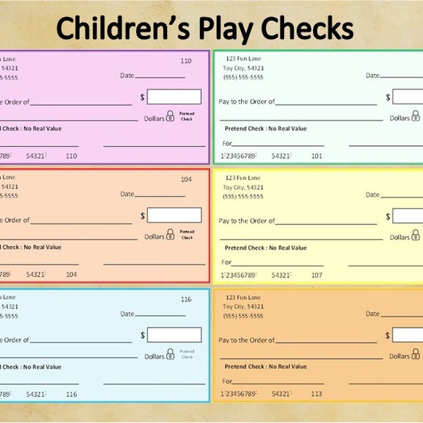 Printable Children's Play Checks~Pretend Play Checks~Toy Checks~Math Learning Tools~Banking~Fake Currency~Toy Currency~Instant Download