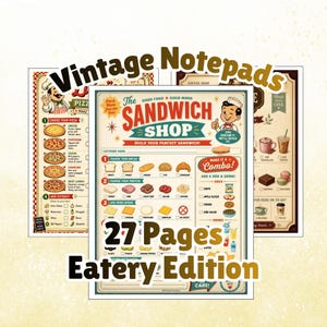 Peut inclure: Un ensemble de 27 blocs-notes imprimés intitulés Vintage Notepads Eatery Edition. Les pages présentent des illustrations de style rétro d'aliments, incluant des menus de pizza et un bon de commande de sandwich avec des cases à cocher.