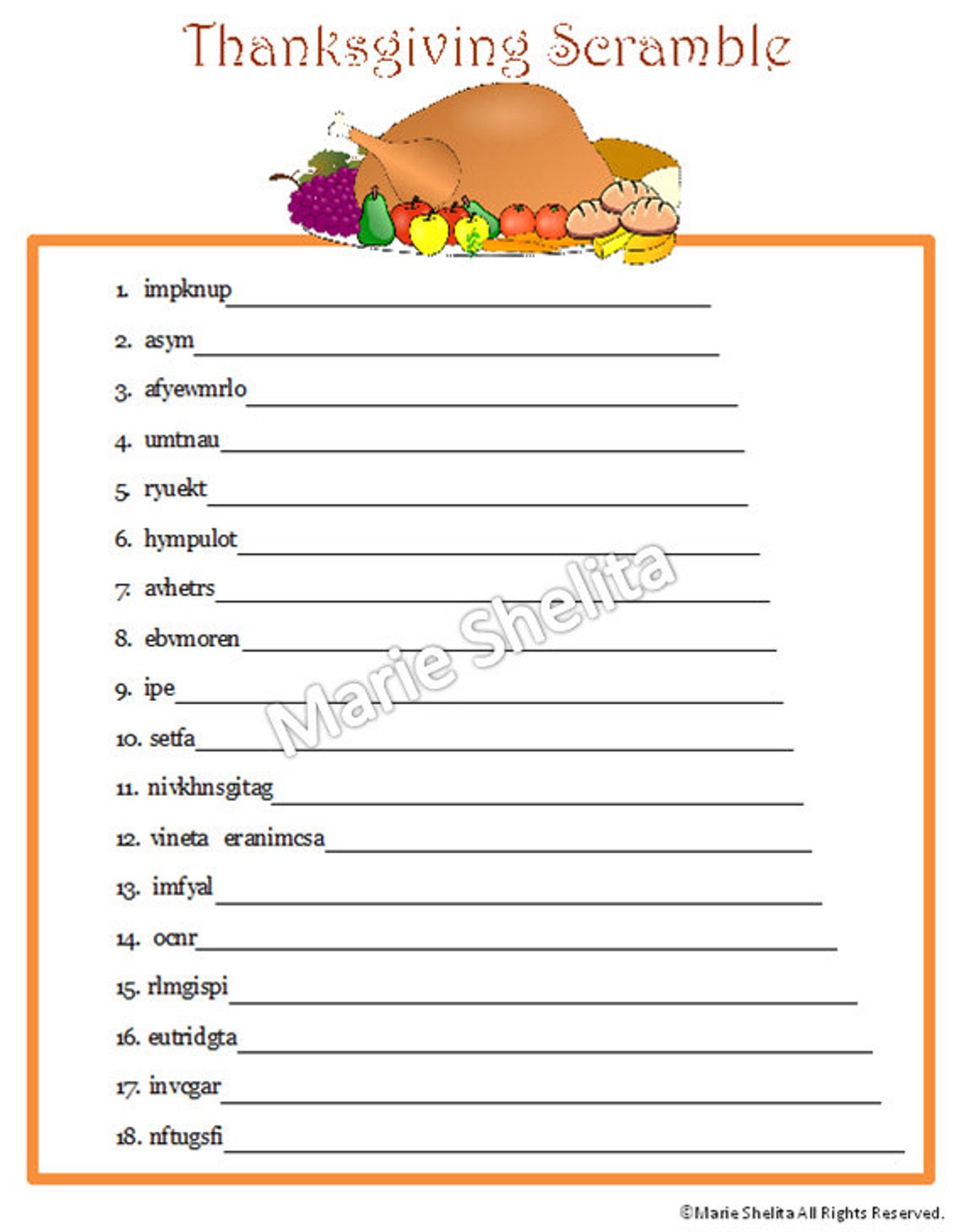 Printable thanksgiving word scramble gamedigital thanksgiving word