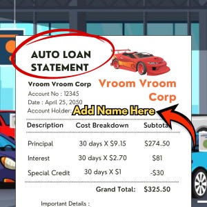 Puede incluir: Un estado de cuenta de préstamo de automóvil de Vroom Vroom Corp. El documento muestra un número de cuenta, fecha y desglose de costos, incluyendo principal, intereses y crédito especial. El total es de $325.50. Un gráfico de un coche deportivo rojo está en la parte superior.