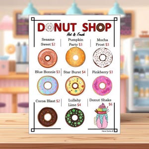Pretend Play Donut Shop Menu, Order Form (Instant Download PDF), Printable Dramatic Play Bakery Supplies, Kids Role Play Doughnut Set