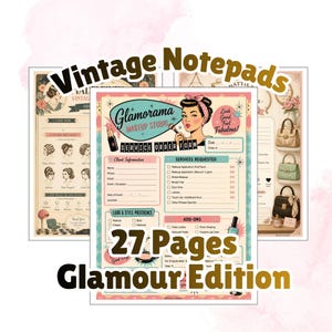 May include: A set of 27 vintage-style makeup studio service order forms and notepads. The central document features a retro illustration of a person, the text Glamorama Makeup Studio, and sections for client information, services, and style preferences.
