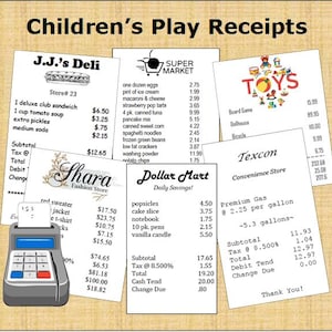 Billets pour jeux de simulation ~ reçus Play Store ~ reçus pour jouets ~ reçus pour enfants ~ reçus de courses pour faire semblant ~ reçus pour jeux de rôle ~ reçus pour faire semblant d'argent