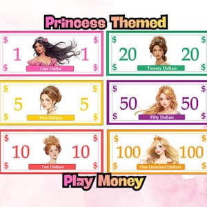 Dinero de juguete dramático, temática de princesas, dinero de simulación, actividad bancaria para niños, moneda imprimible para niños, herramienta de aprendizaje descargable en PDF