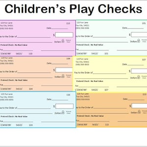 Cheques de juego para niños editables ~ Cheques de juego de simulación imprimibles ~ Cheques de juguetes ~ Cheques para niños ~ Cheques de simulación ~ Cheques falsos ~ Cheques de juego dramático