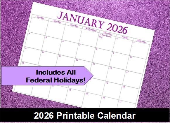 Printable Purple Calendar~2026 Calendar~2026 Purple Calendar
