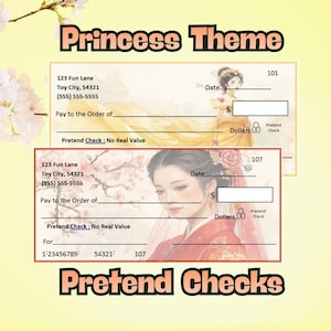 Cheques de juego infantiles editables, tema de princesa asiática (descarga instantánea), herramienta de banca imprimible para juegos de simulación, educación financiera