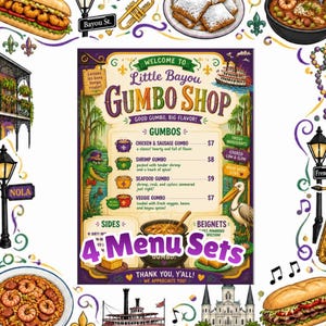 May include: A menu sign for Little Bayou Gumbo Shop featuring a list of gumbo options, sides, and beignets. The design includes illustrations of an alligator, a pelican, a steamboat, and New Orleans architecture with the text 4 Menu Sets.