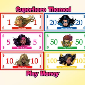 以下が含まれることがあります： スーパーヒーローをテーマにしたおもちゃのお金で、女性スーパーヒーローのイラストが描かれています。1ドル、5ドル、10ドル、20ドル、50ドル、100ドルの券種が含まれています。各紙幣には異なるスーパーヒーローの画像と配色が施されています。「Superhero Themed」と「Play Money」の文字も表示されています。
