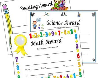 Printable Elementary School Certificates, Set of 8 Printable Classroom Awards, Math Certificate, Reading Certificate and more!