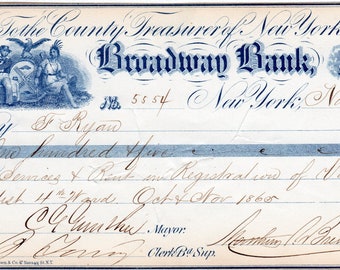 Four Cheques Checks National Broadway Bank Treasurer Mayor Comptroller New York City Civil War 1860s Financial History Banking Americana