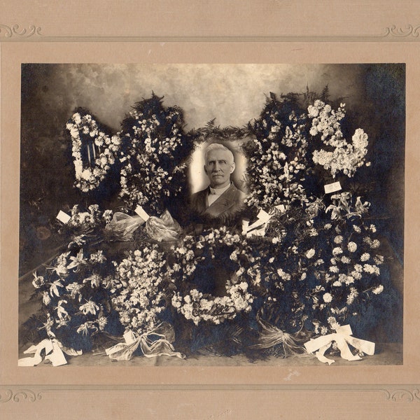 Large Vernacular Original Vintage Sepia Photograph Photo Post Mortem Reverend Floral Arrangement Dead Deceased