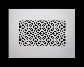 Decorative air vent cover. Custom made in the UK. Installed in 12.5mm plasterboard.