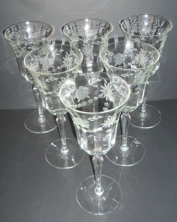 Six Etched Crystal Wine Glasses Vintage Stemware Etsy