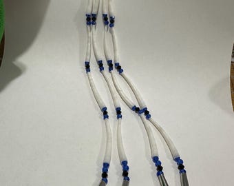 Blue and black dentallium shell duster fringe earrings with metal cone fringe