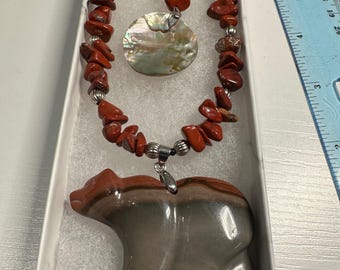 Polychrome Jasper Crystal Bear Pendant Set with Abalone Earrings, Red Jasper Necklace
