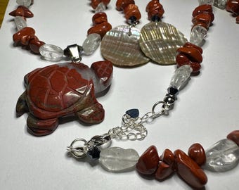 Red Jasper Turtle Necklace & Abalone Earrings Set