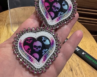 Handmade beaded  heart  with spooky skulls earrings on leverback posts