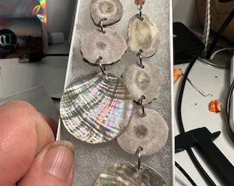 Handmade deer antler stacked earrings with abalone disc and real sunstone bead