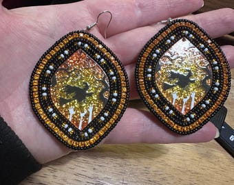 Handmade Halloween Witch Earrings: Miyuki Seed Beads, Leather Backed (Silver Hooks)