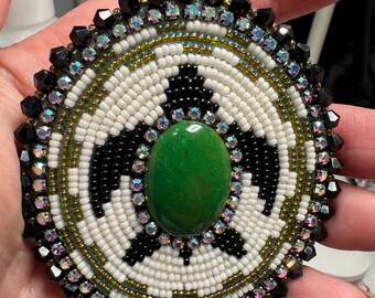 Handmade turtle design Beaded Bolo Tie with Arizona Green Turquoise Center Stone.