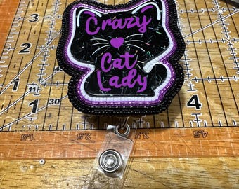 Beaded badge reel, cat shaped, “crazy cat lady”