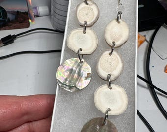 Handmade deer antler stacked earrings with abalone disc and crackled clear quartz bead