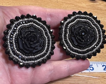 Black with silver handmade beaded roses earrings. Made in Oregon. Indigenous small business