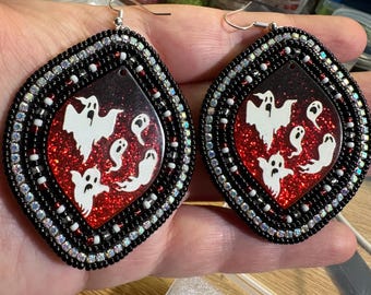 Halloween ghost Beaded Horse Eye Earrings: Miyuki Seed Beads, Leather Backed and on hooks