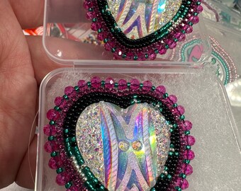 Heart Shaped Beaded Earrings, Miyuki Seed Beads, Rhinestone Banding, Indigenous Artist Made