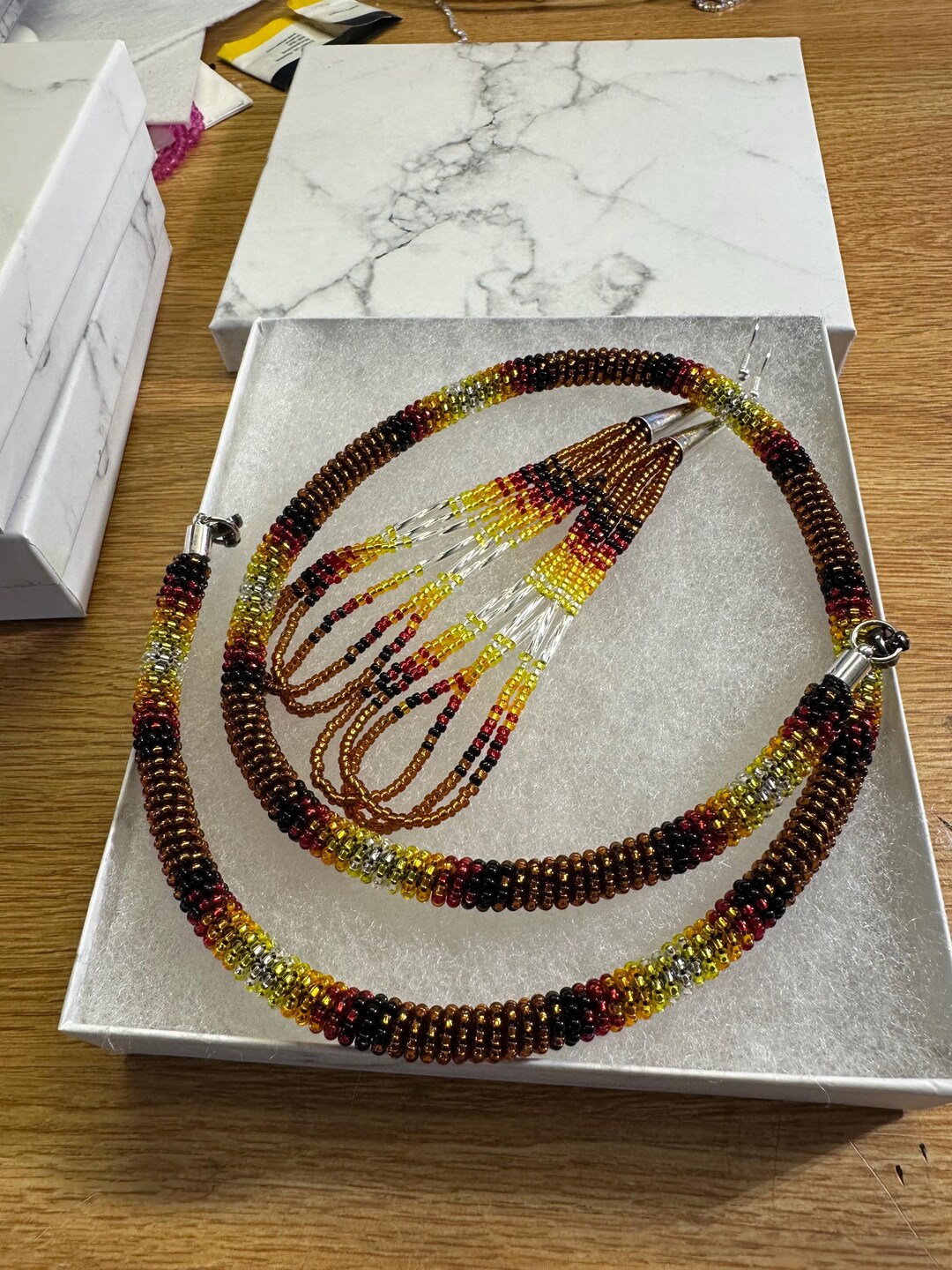 Aboriginal Rope Beaded Rope Necklace and Dangling Loop Style Seed Bead Earrings ...