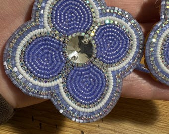 Beaded purple flower Earrings: Miyuki Seed Beads, Rhinestone, Silver Plated Hooks
