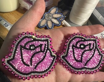 Beaded Rose Earrings: Pink Miyuki Beads, Rhinestone, Silver Hooks