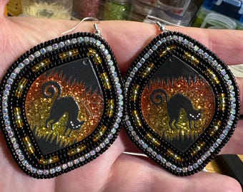 Halloween Black Cat Beaded Earrings: Miyuki Seed Beads, Leather Backed