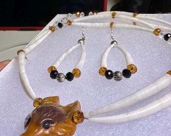 Mookite hand carved wolf pendant on dentallium shell necklace and earrings set