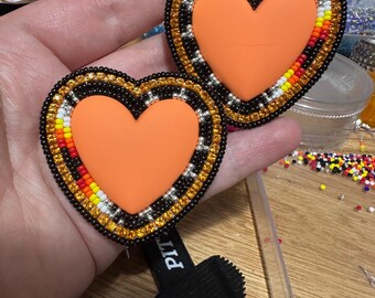 Handmade Matte Orange Heart Earrings, Miyuki Seed Beads, Rhinestone Accents, Leather Backed