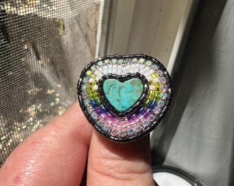 kingsman turquoise heart shaped beaded ring adjustable size rainbow, white and hematite colored