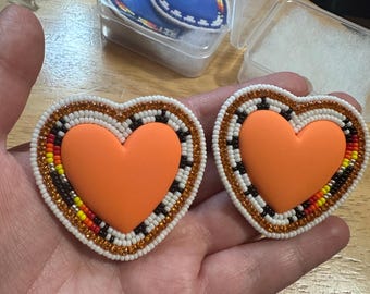 Handmade Matte Orange Heart Earrings, Miyuki Seed Beads, Rhinestone Accents, Leather Backed