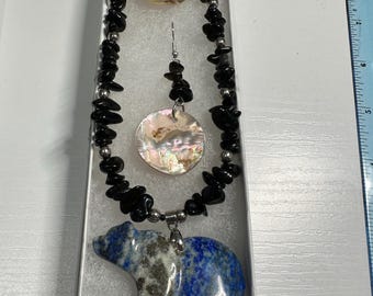 Lapis Lazuli Crystal Bear Pendant, Black Obsidian Necklace, Abalone Earrings Set