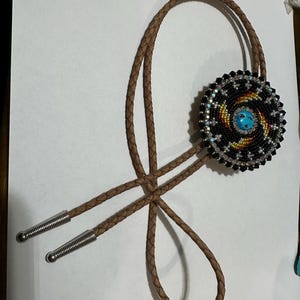 Handmade Beaded Bolo Tie with Kingman Turquoise Center Stone.