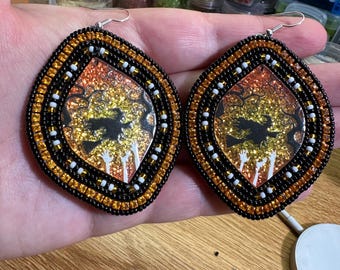 Halloween witch Beaded Horse Eye Earrings: Miyuki Seed Beads, Leather Backed and on hooks