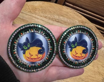 Black cat on a pumpkin Halloween themed earrings, Native American beaded earrings on fingernail posts.