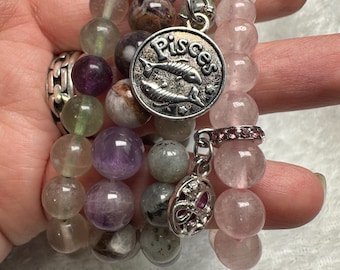 Pisces Crystal Bracelet Set: Genuine Gemstones with Zodiac Charm