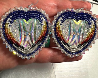 Heart Shaped Beaded Earrings, Miyuki Seed Beads, Rhinestone Banding, Indigenous Artist Made