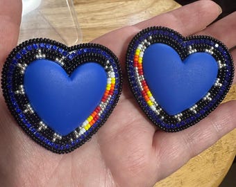 Handmade Matte Blue Heart Earrings, Miyuki Seed Beads, Rhinestone Accents, Leather Backed